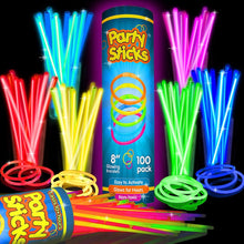 Load image into Gallery viewer, Party Glow Sticks Bulk Party Favors 100pk - 8" Glow in the Dark Party Supplies, Light Sticks for Neon Party Glow Necklaces and Bracelets for Kids or Adults