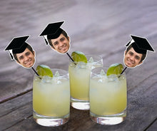 Load image into Gallery viewer, Graduation Cocktail Drink Stirrers with Your Face and Grad Hat