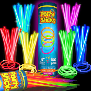 Party Glow Sticks Bulk Party Favors 100pk - 8" Glow in the Dark Party Supplies, Light Sticks for Neon Party Glow Necklaces and Bracelets for Kids or Adults