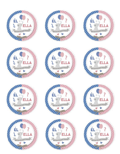 Baby Elephant Él o Ella Gender Reveal Baby Shower Edible CupCake Toppers