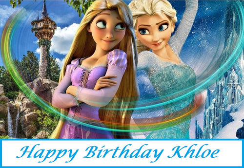 Frozen Elsa and Rapunzel Edible Cake Topper Image